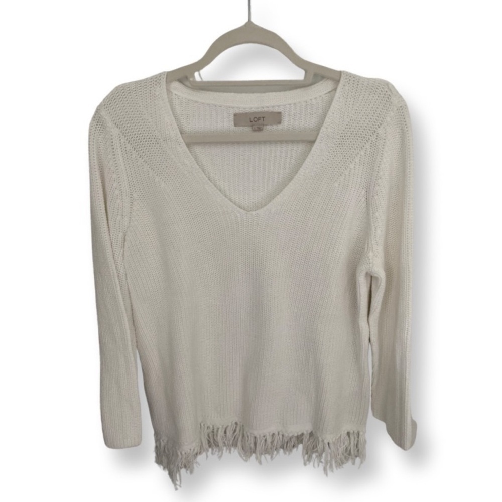 Loft White Fringe Hem Sweater V-NeckSize L